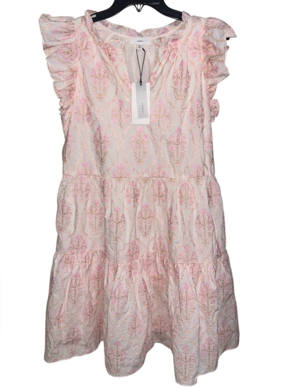 A Loves A Embroidered Cross Stitch Dress Women Size Medium Ivory Pink Tiered